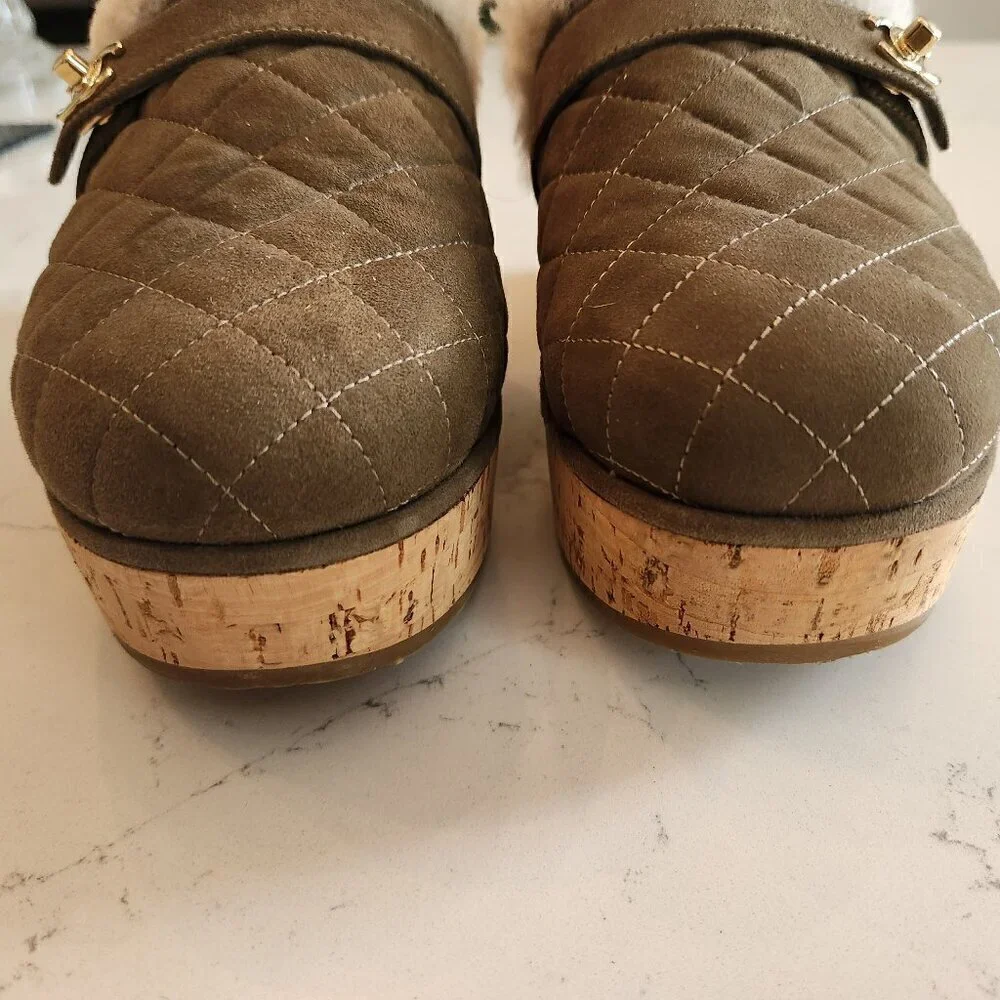 Chanel Suede Calfskin Shearling Turn Lock Clogs, Authentic